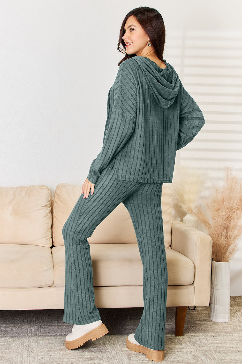Bae Full Size Ribbed Drawstring Hooded Top and Straight Pants Set