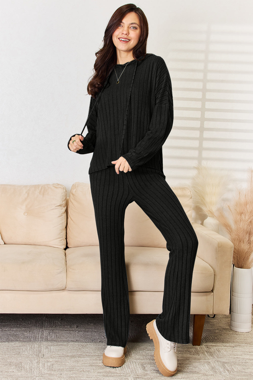 Bae Full Size Ribbed Drawstring Hooded Top and Straight Pants Set