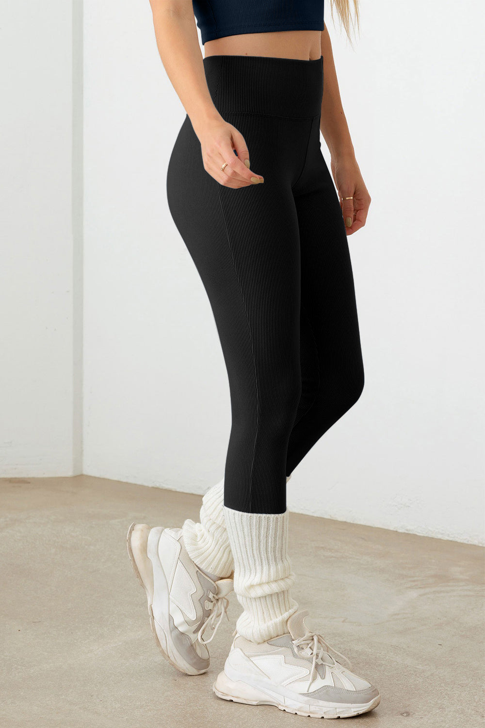 Le Lis Ribbed Black Grey Crop Cami and High Waist Brushed Leggings Set