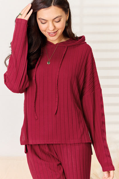 Bae Full Size Ribbed Drawstring Hooded Top and Straight Pants Set
